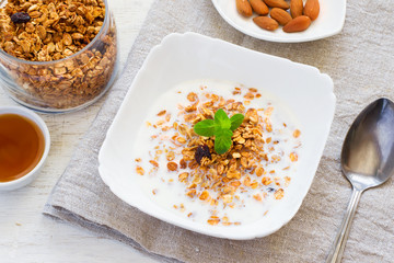 Granola with milk, honey and nuts. healthy breakfast.