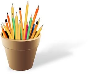 Brown flowerpot with different pencils in it