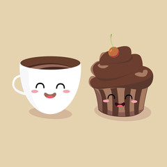 Funny cartoon characters coffee cup and muffin. Vector illustration flat design.