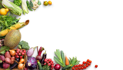 Organic food background. Food photography different fruits and vegetables isolated white background. Copy space. High resolution product