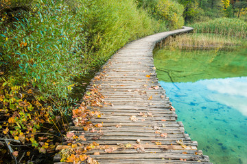 Boardwalk in Plitvice Lakes National Park in Autumn, Croatia
