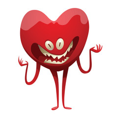 Vector cartoon image of a funny red monster in the form of heart symbol with two legs, arms, two eyes, mouth and sharp teeth standing and smiling on a white background. Halloween. Vector illustration.