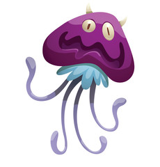 Vector cartoon image of funny purple monster like jellyfish with two horns, two eyes and a mouth, with four lilac tentacles instead of legs on a white background. Halloween. Vector illustration.