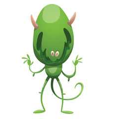 Vector cartoon image of funny green monster with a big head, with two horns, two arms and legs, two eyes and a big mouth, with green tail standing on a white background. Halloween. Vector illustration