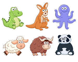 Obraz na płótnie Canvas Cute cartoon animals isolated on white background. Stuffed toys set. Vector illustration of adorable plush baby animals. Crocodile, kangaroo, octopus, sheep, yak, panda.
