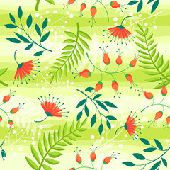 Bright spring seamless pattern. Leaves and flowers over green stripes. Colorful floral background for print on wrapping paper, fabrics etc.