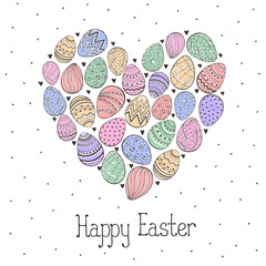 Composition with easter eggs hand drawn black on white background. Easter greeting card. Colorful Easter eggs arranged in heart shape.
