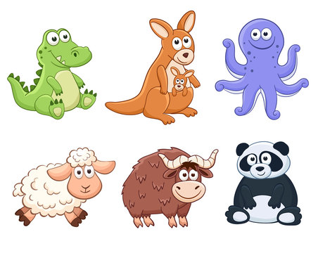 Cute cartoon animals isolated on white background. Stuffed toys set. Vector illustration of adorable plush baby animals. Crocodile, kangaroo, octopus, sheep, yak, panda.