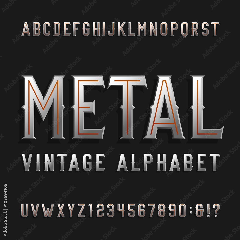 Fototapete vintage style alphabet vector font. metal effect letters and numbers on a dark background. retro vec