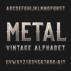 Vintage style alphabet vector font. Metal effect letters and numbers on a dark background. Retro vector typeface for labels, flyers, headlines, posters etc.