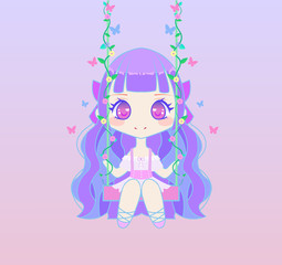 Cute anime fairy girl on swing