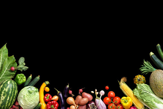 Deluxe food background. Food photography different fruits and vegetables isolated black background. Copy space. High resolution product