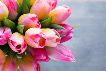 Naklejka premium Spring flowers. Tulip bouquet on the bokeh background.