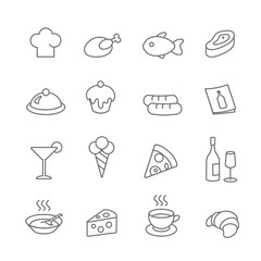 Restaurant line icons vector set. Pizza and ice cream, cupcake or fish, food illustration