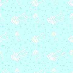 Jellyfish seamless vector pattern. Jellyfish background. Vector illustration. Sea life background. Sea animal seamless pattern with jellyfish and starfish.Underwater seamless pattern.