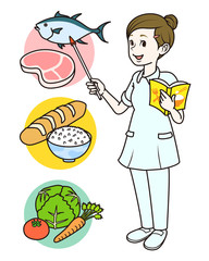 指導する女性看護士（パンツスタイル）