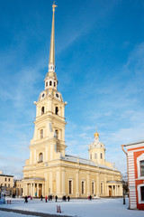 Fototapeta na wymiar Peter and Paul Cathedral in the background of blue sky. Winter,