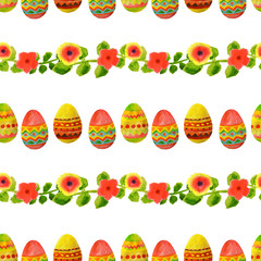 Seamless pattern with colorful watercolor Easter eggs, green leaves and flowers