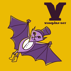 Cartoon doodle vampire bat with letter v.