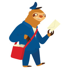 Vector cartoon image of a cute light brown sloth in a blue uniform and blue cap with red bag on his shoulder and with white letter in his paw on white background. Postman. Made in flat cartoon style.