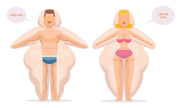 Vector cartoon image of a slender man with brown hair in blue trunks and woman with blond hair in a pink bathing suit locked in their own fat like a prison on a white background. Vector illustration.