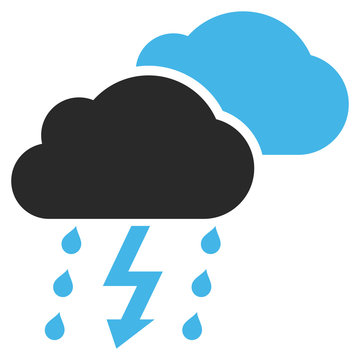 Thunderstorm vector icon. Picture style is bicolor flat thunderstorm icon drawn with blue and gray colors on a white background.
