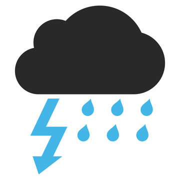 Thunderstorm vector icon. Picture style is bicolor flat thunderstorm icon drawn with blue and gray colors on a white background.