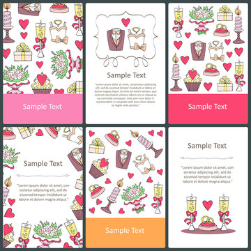 Vector set of prepared cards with hand drawn symbols of wedding