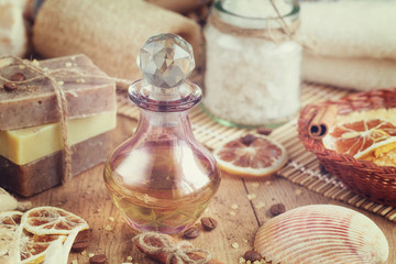 Composition of spa treatment on wooden background