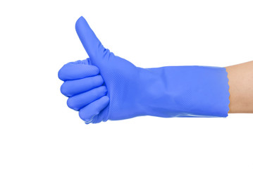 OK sign hand in a blue glove.