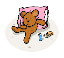 Lazy Bear, a hand drawn vector illustration of a bear leaning on a pillow, relaxing, enjoying snacks (editable shadow and background).