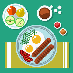 Breakfast of scrambled eggs, sausage and peas and fruit. Cafe sahorom. Flat style vector illustration