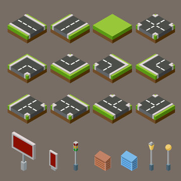 Flat 3d Isometric Street Game Tiles Icons Infographic Concept Set. City Map Elements