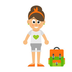 cartoon girl in shirt and shorts and backpack