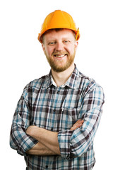 Funny happy bearded man in an helmet