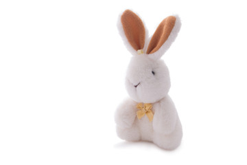 White rabbit toy doll isolated over white.