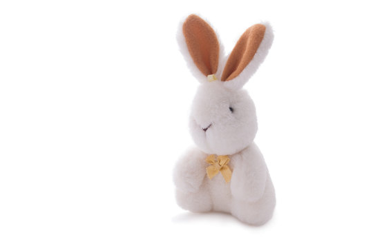 White Rabbit Toy Doll Isolated Over White.