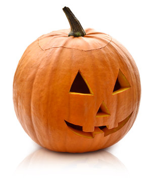 Halloween pumpkin with scary face. Jack O' Lantern isolated on white. 