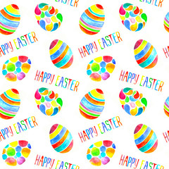 Watercolor egg seamless patten with lettering happy easter 