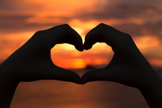 Hands, heart, love, sunset