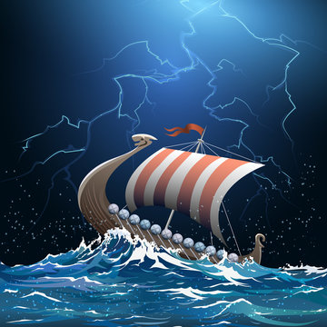 Viking medieval warship in stormy sea