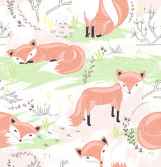 Seamless pattern with little foxes. Cute spring background for k