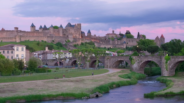 Zoom in timelapse of Carcassonne in a  sunset time