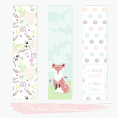 Printable bookmarks with flowers, fox and polka dots. Vector tem
