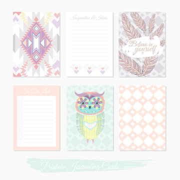 Printable cute set of filler cards with aztec pattern, owl and f