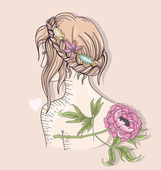 Cute fashion girl illustration. Young girl with braided hair, ge