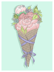 Flowers bouquet in ice cream cone with ribbon. Floral vector ill