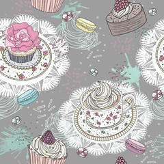 Seamless pattern with cupcakes, tea and macaroons. Cute backgrou