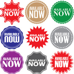 Available now signs set, available now sticker set, vector illus
