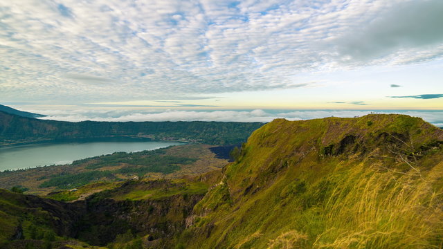 4K Timelapse. Batur volcano crater overlooking Lake Batur. 15 July 2015, Bali, Indonesia